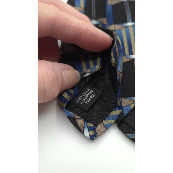 Chez Roffie New York Men's Silk Blue/Black Geometric Pattern Tie - Picture 7 of 8